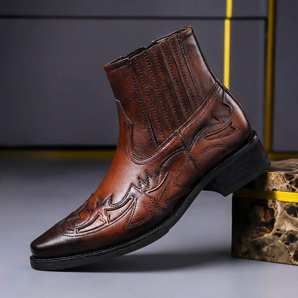 Hawkins Mens Italian Leather Vintage Boots in Cognac Brown