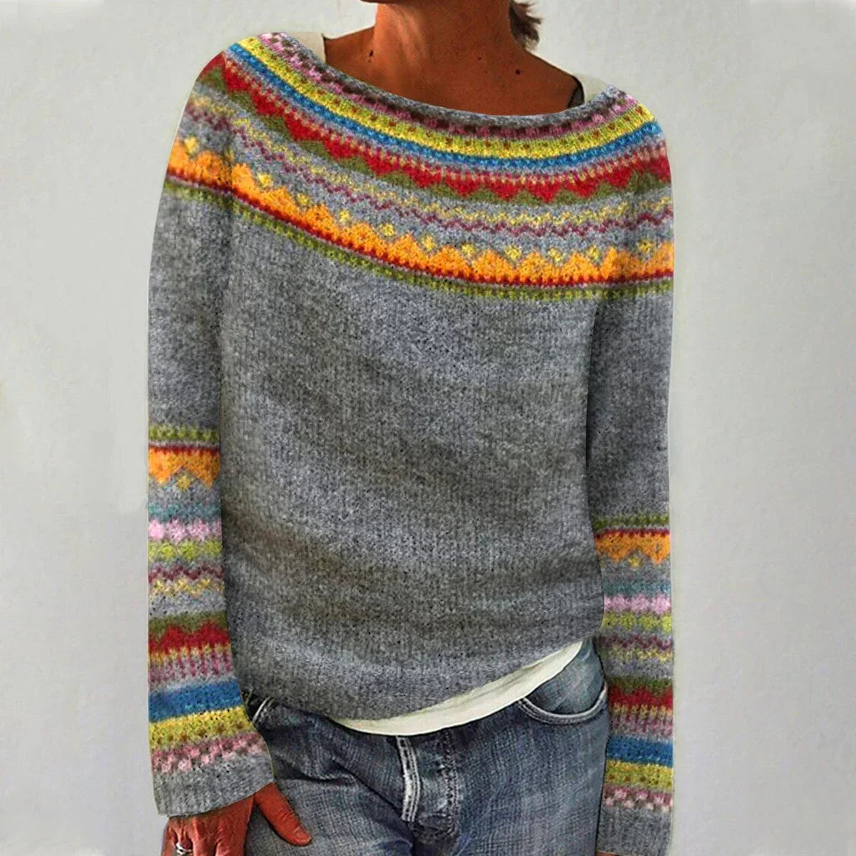 Women's Nordic-Print Knit Sweater, Relaxed Fit | Boat Neckline, Multicolor Pattern | 7 Colorways | 2XS–4XL