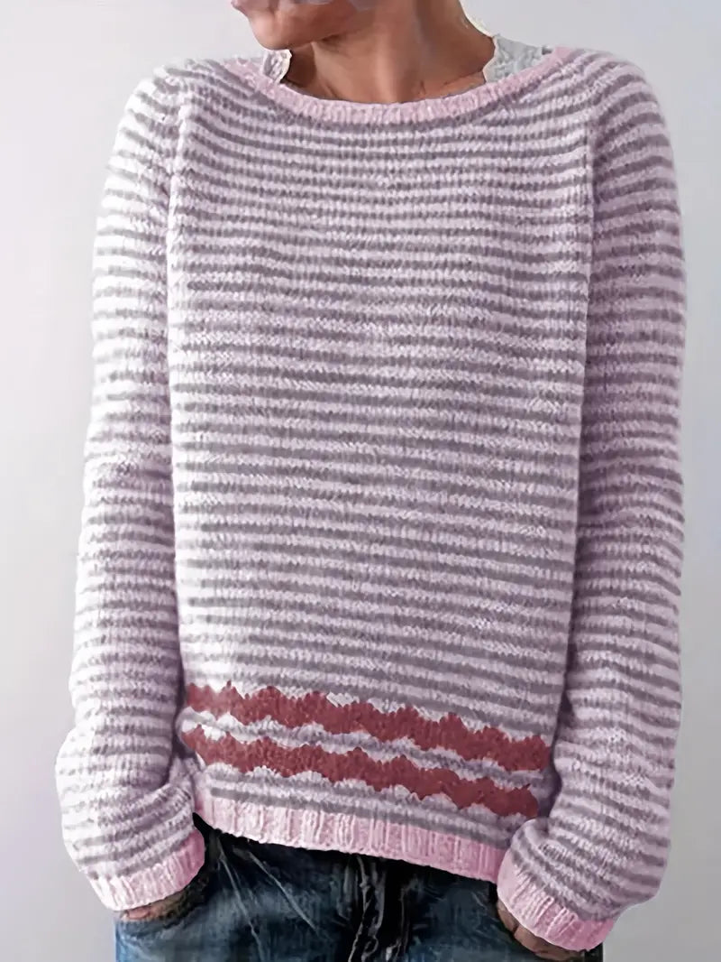 Calvara | Women's Striped Pullover Knit Sweater — Contrast Zigzag Hem Detail in 3 Colors | Westmere