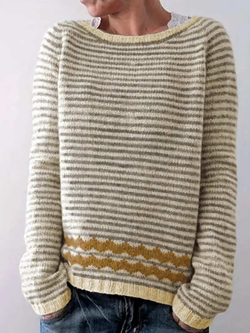 Calvara | Women's Striped Pullover Knit Sweater — Contrast Zigzag Hem Detail in 3 Colors | Westmere