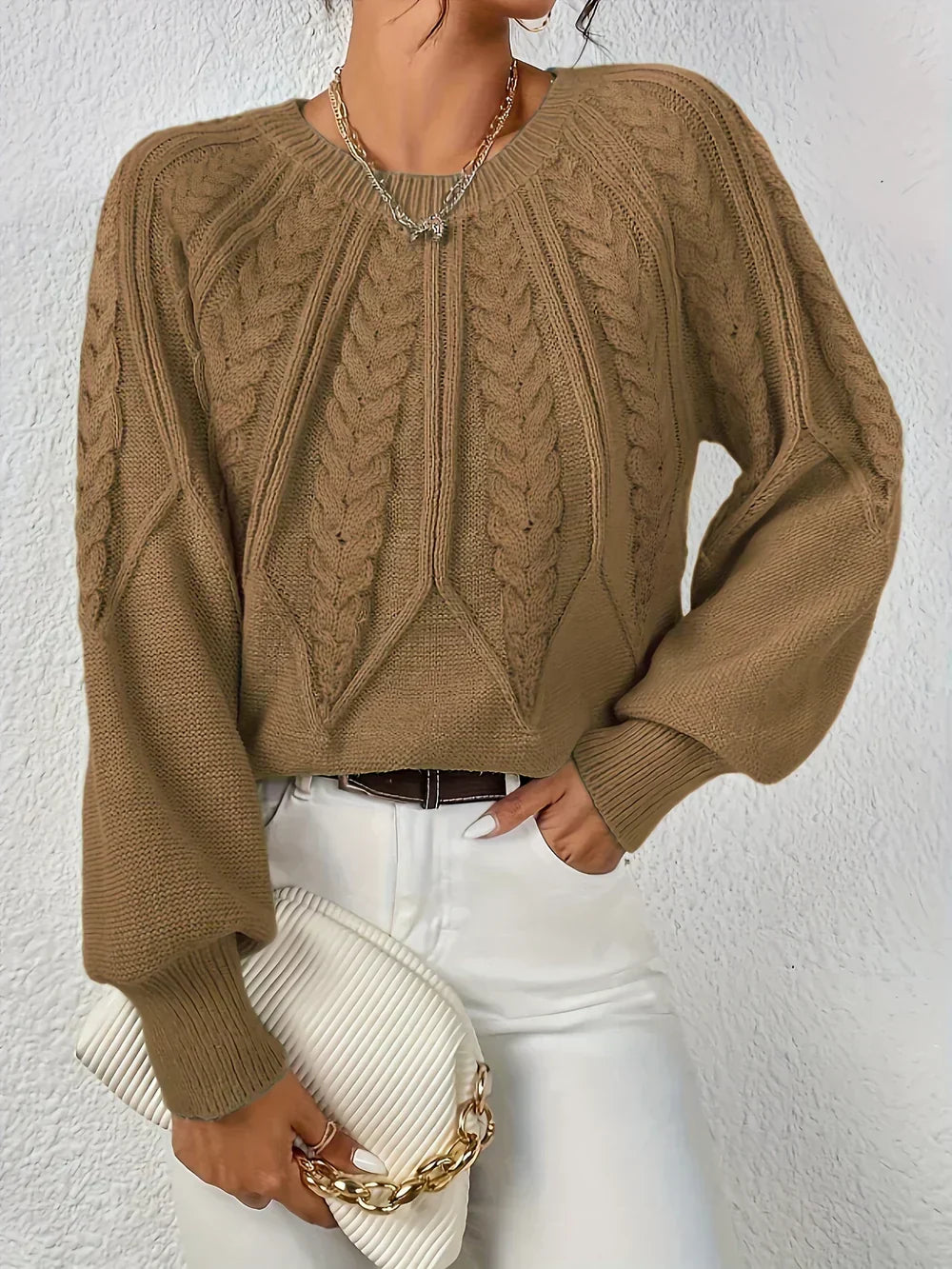 Calvina | Women's Cable Knit Crew Neck Sweater — Textured Everyday Pullover in 10 Colors | Westmere