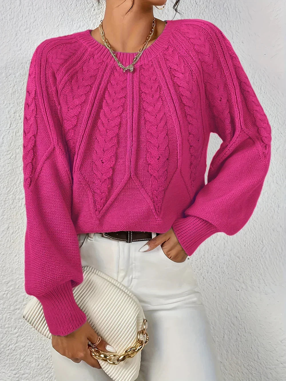Calvina | Women's Cable Knit Crew Neck Sweater — Textured Everyday Pullover in 10 Colors | Westmere