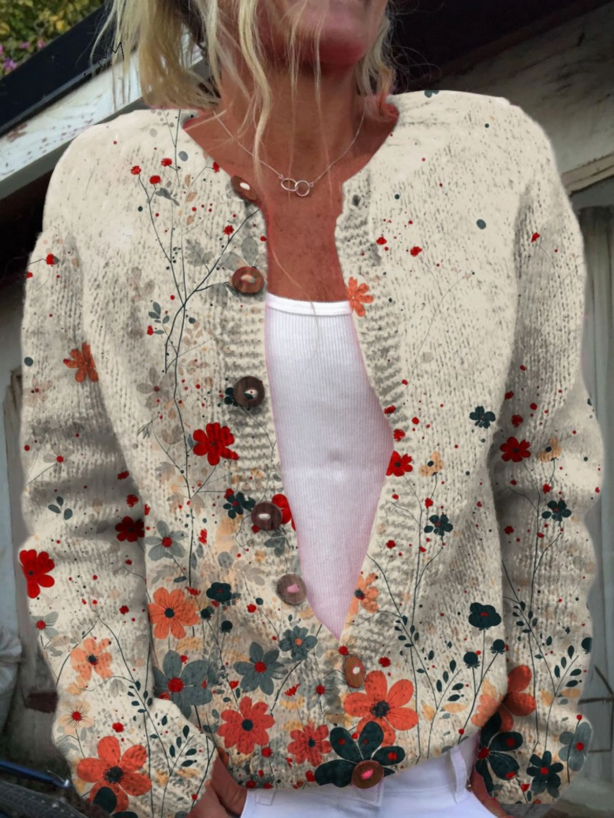 Camellia | Women's Floral Print Open Front Cardigan — Hand-Painted Wildflower Button Knit | Westmere