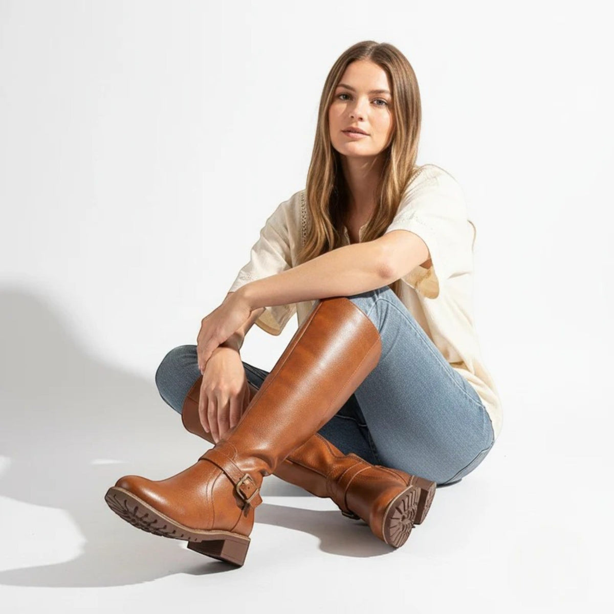 Camila Womens Leather Knee-High Boots with Buckle Detail
