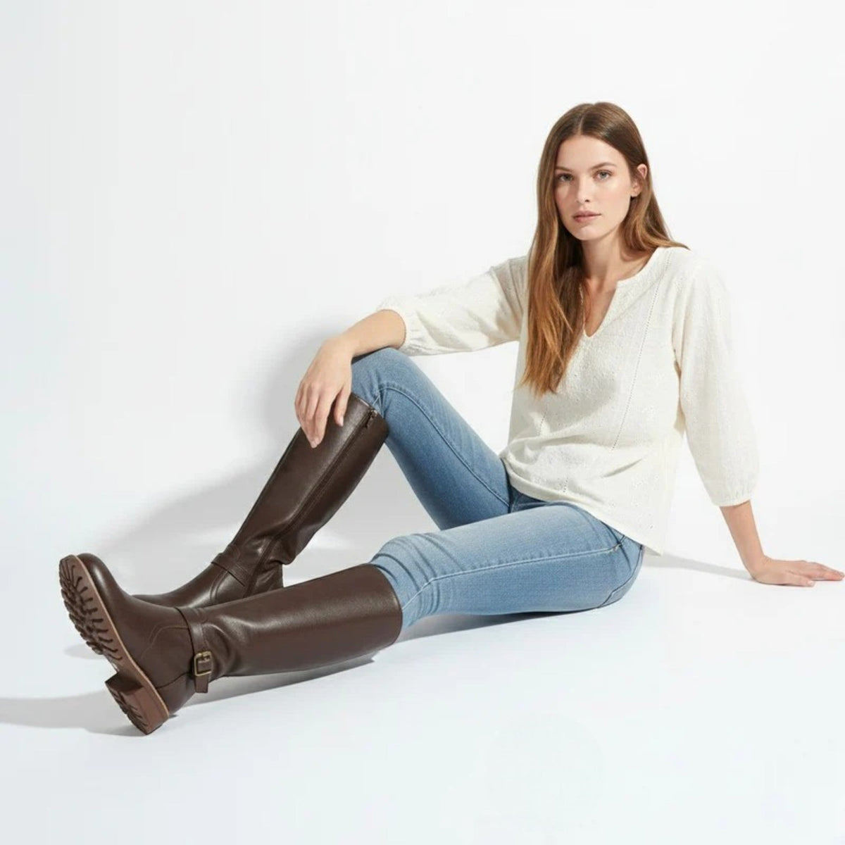 Camila Womens Leather Knee-High Boots with Buckle Detail