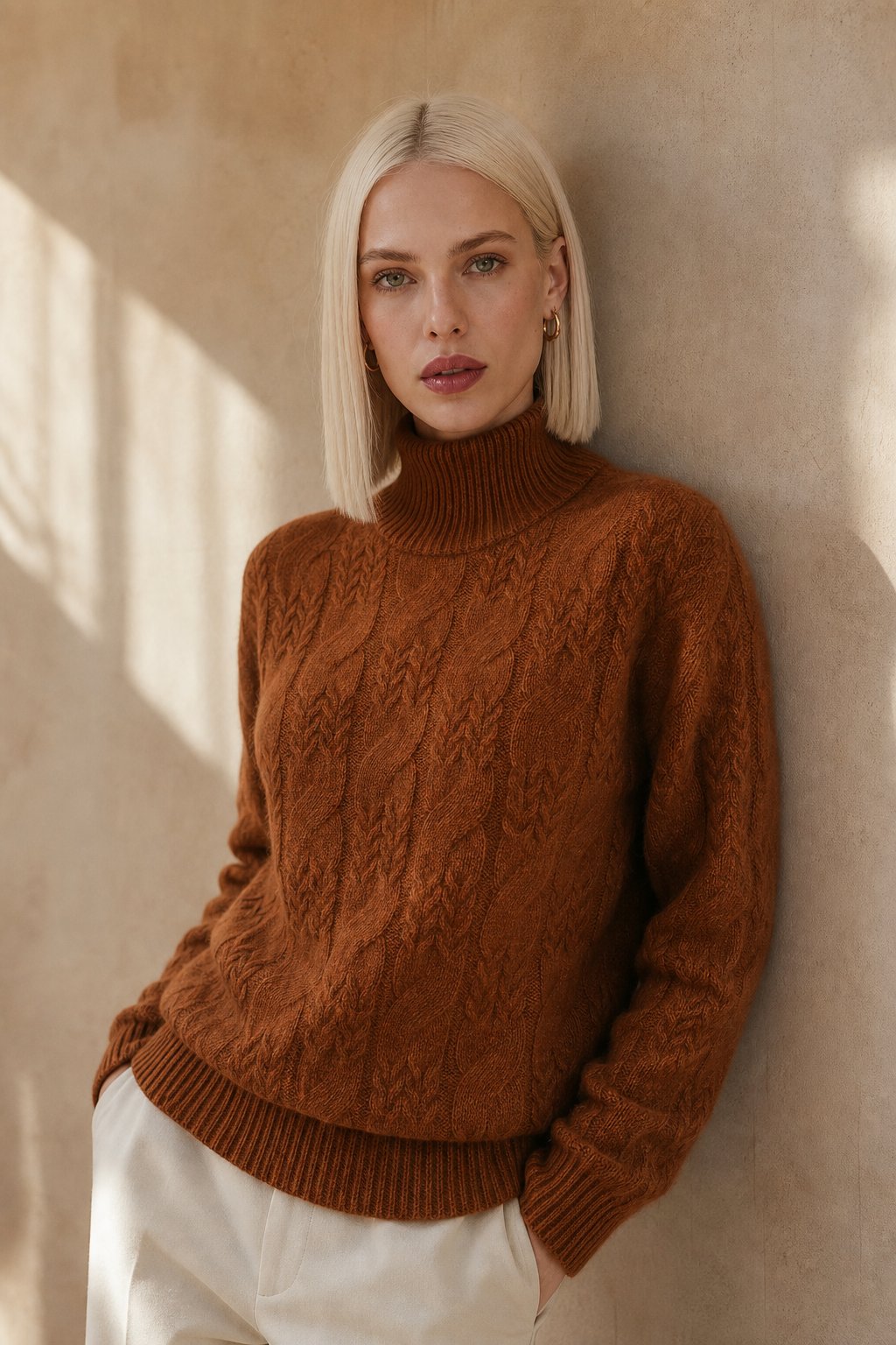 Whitney Womens Cable Knit Sweater with Half-High Collar