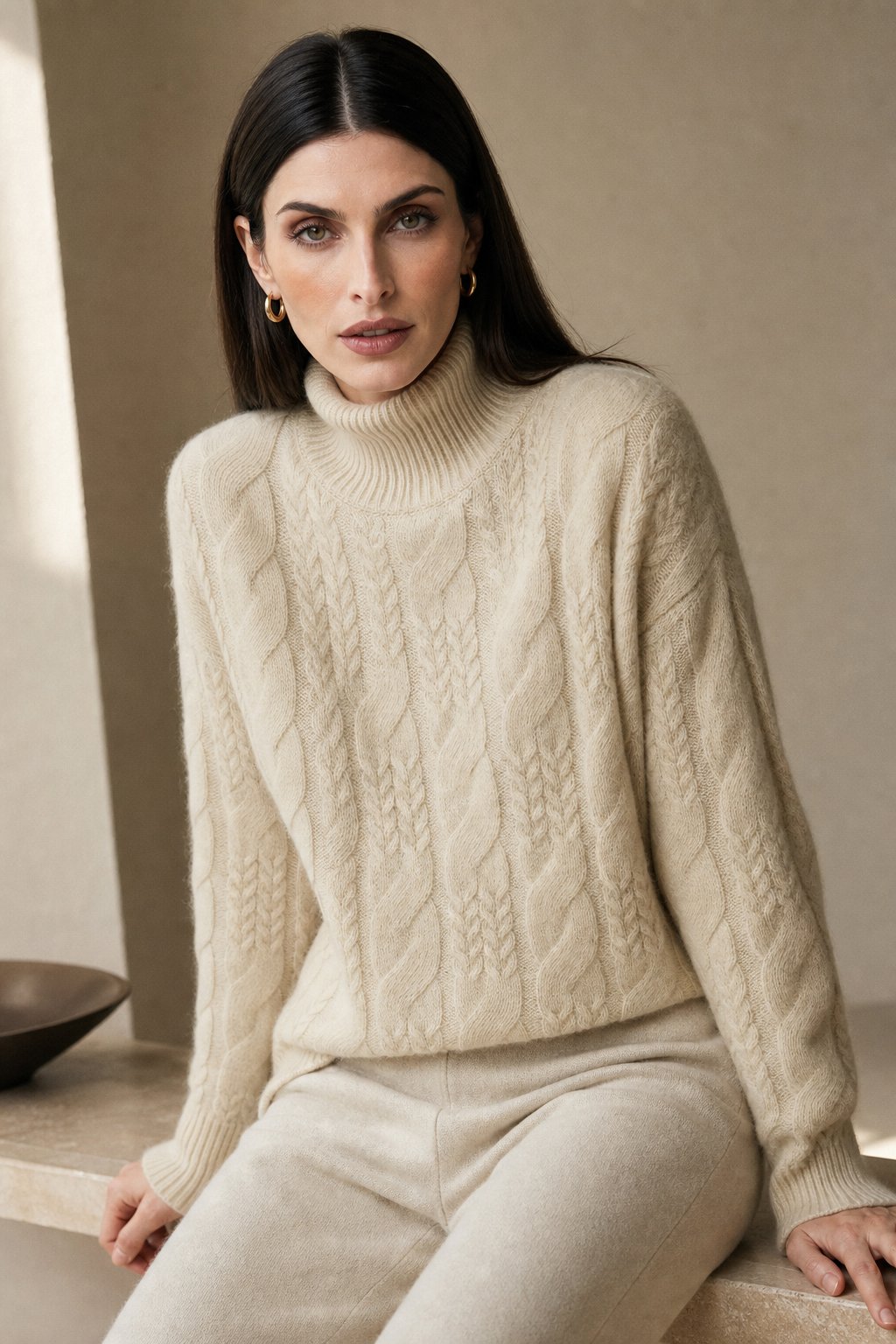 Whitney Womens Cable Knit Sweater with Half-High Collar
