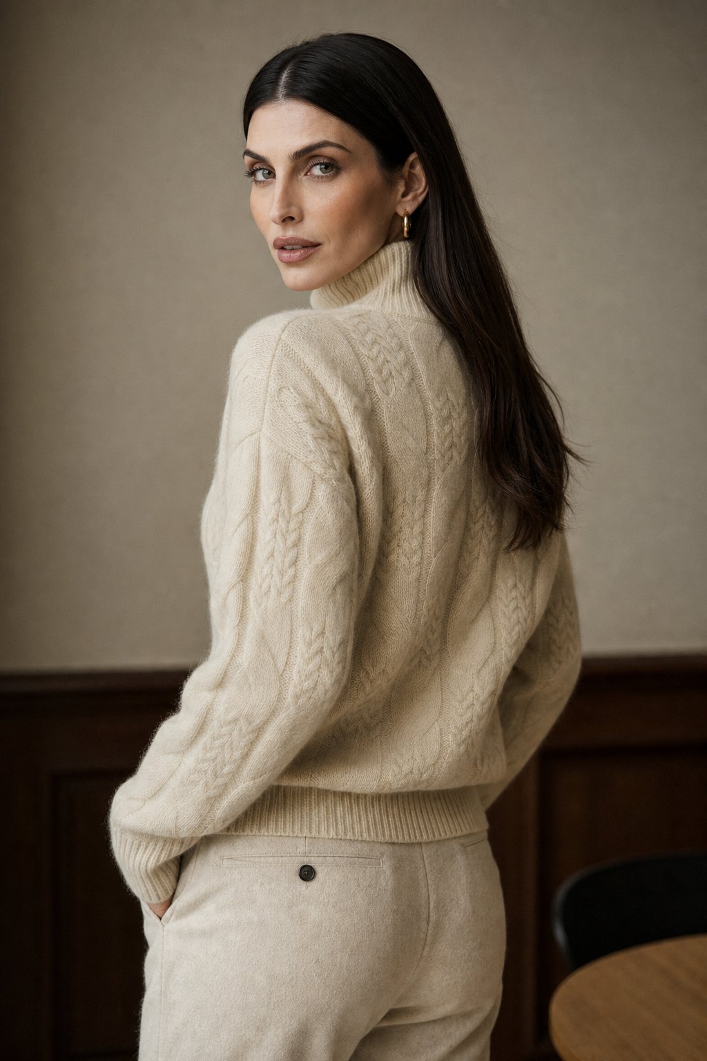 Whitney Womens Cable Knit Sweater with Half-High Collar in Cream