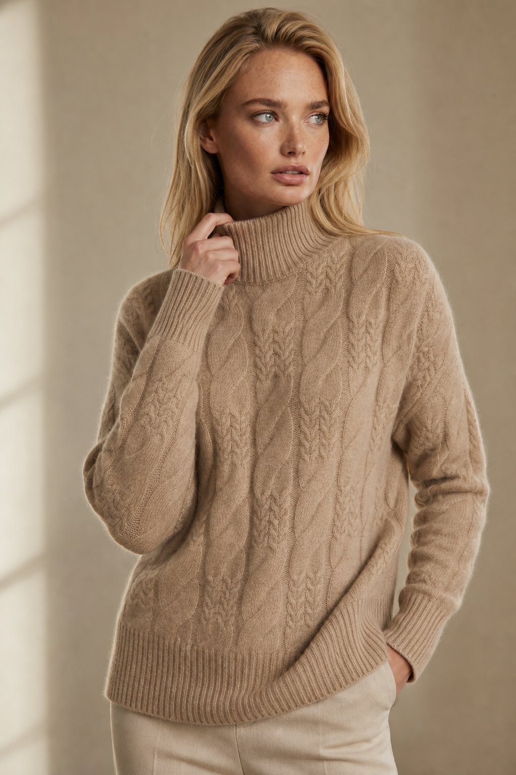 Whitney Womens Cable Knit Sweater with Half-High Collar