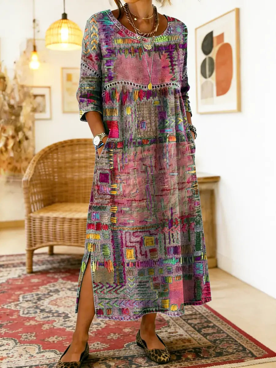 Manuela™ | Printed Dress with Ethnic Patchwork