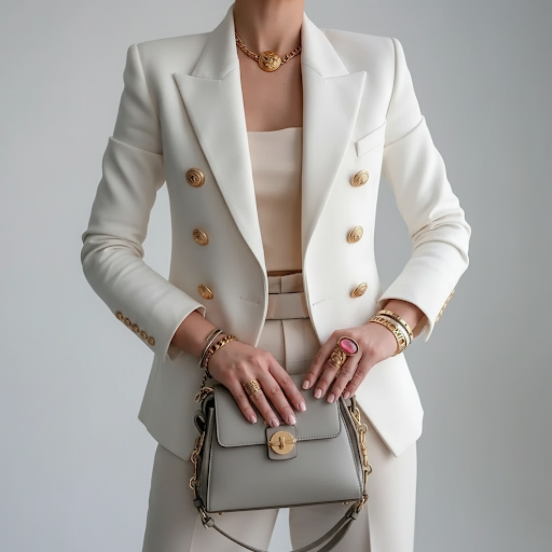Meghan Womens Double-Breasted Blazer with Gold Buttons in White