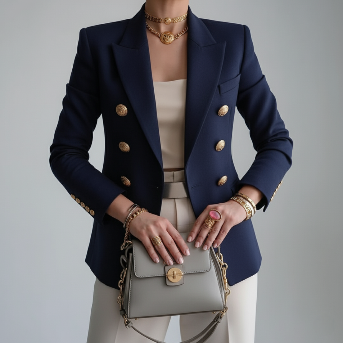 Meghan Womens Double-Breasted Blazer with Gold Buttons in Blue