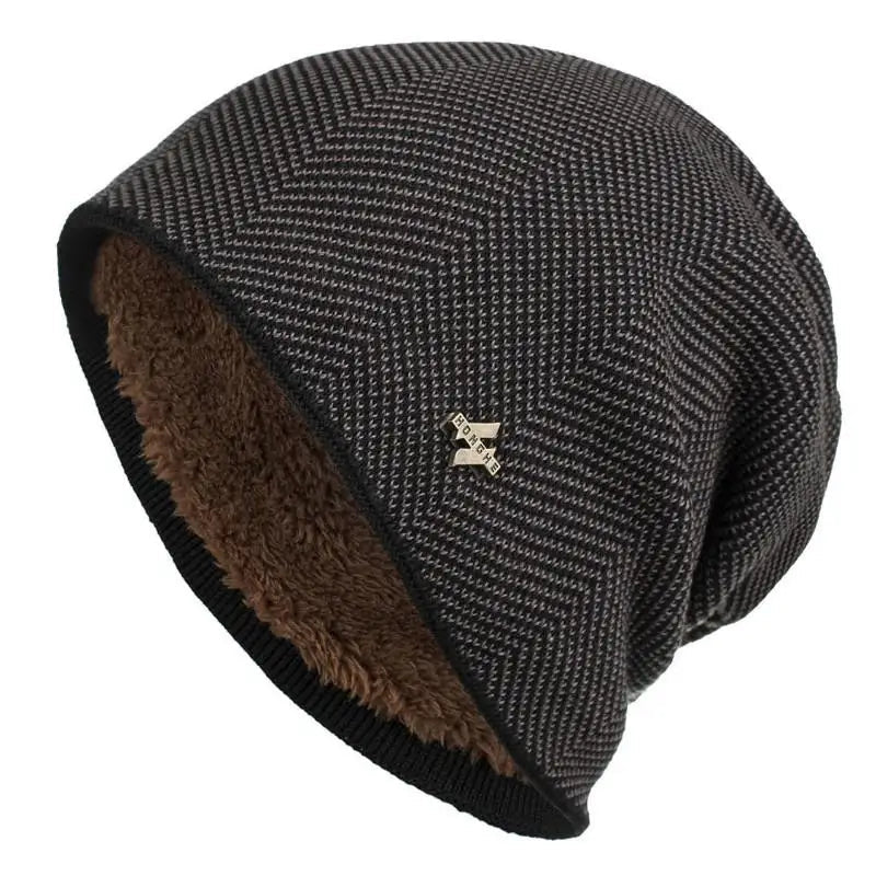 Alex Unisex Herringbone Knit Beanie with Faux Fur Lining in Brown