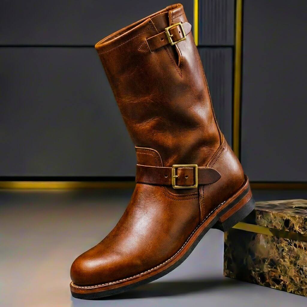 Sullivan Mens Aged Leather Retro Boots with Buckles in Cognac Brown