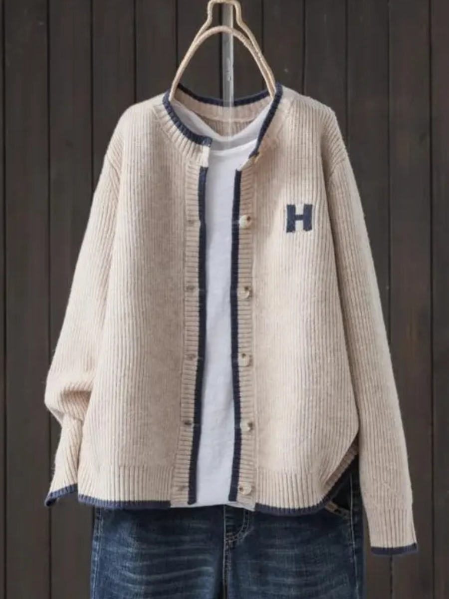 Colveth | Women's Oversized Button-Front Cardigan Sweater — Collegiate Letter Patch Ribbed Knit | Westmere