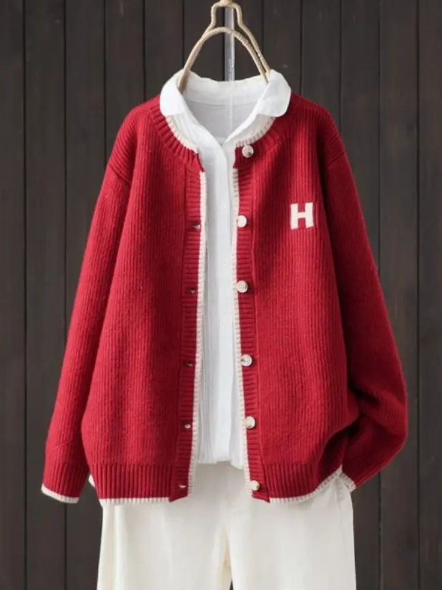 Colveth | Women's Oversized Button-Front Cardigan Sweater — Collegiate Letter Patch Ribbed Knit | Westmere