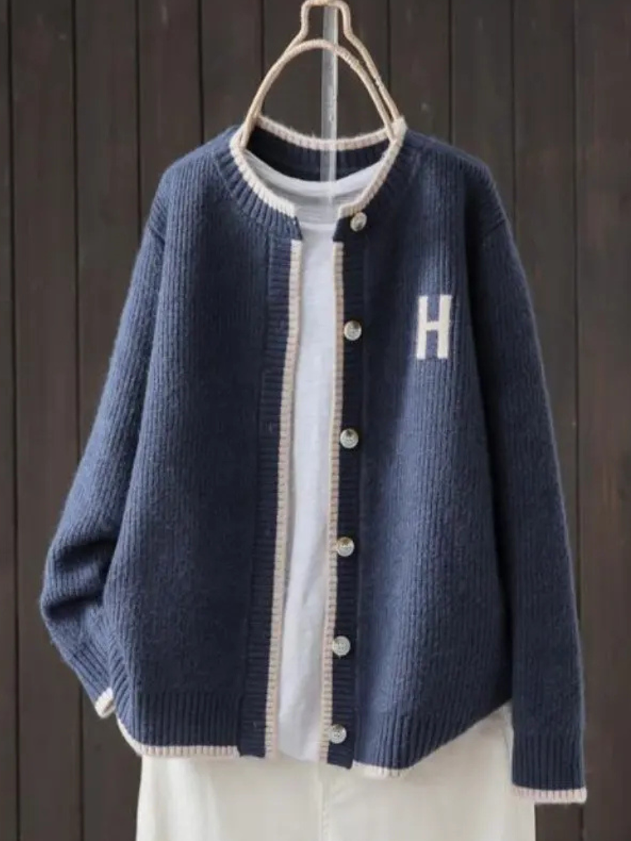 Colveth | Women's Oversized Button-Front Cardigan Sweater — Collegiate Letter Patch Ribbed Knit | Westmere