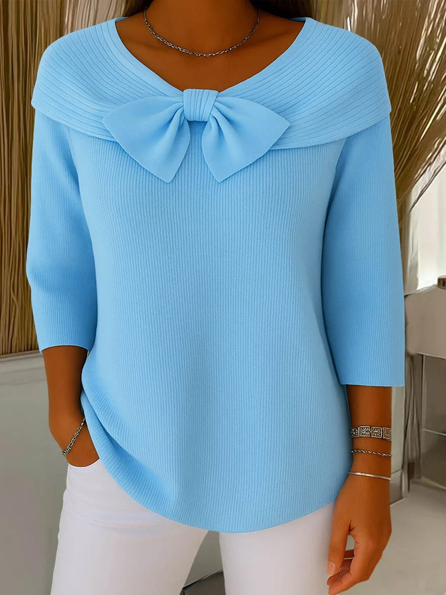 Cordwyn | Women's Bow Detail Ribbed Knit Sweater — 3/4 Sleeve Pullover with Neckline Bow in 6 Colors | Westmere