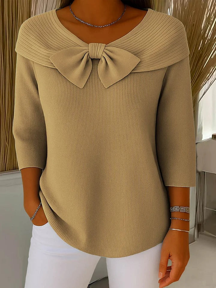 Cordwyn | Women's Bow Detail Ribbed Knit Sweater — 3/4 Sleeve Pullover with Neckline Bow in 6 Colors | Westmere
