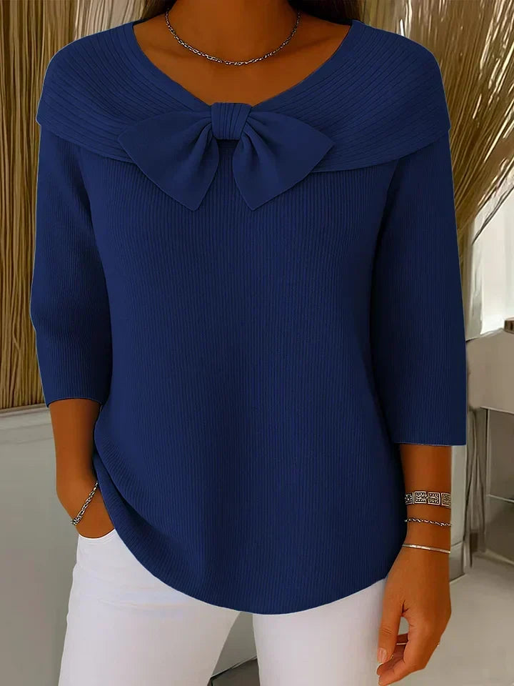 Cordwyn | Women's Bow Detail Ribbed Knit Sweater — 3/4 Sleeve Pullover with Neckline Bow in 6 Colors | Westmere