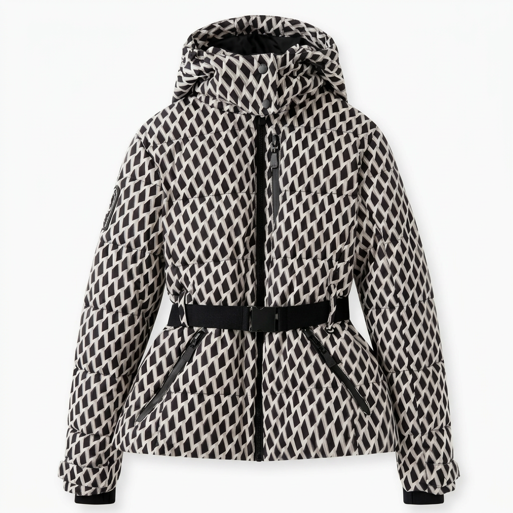 Alicia Womens Quilted Puffer Jacket with Belted Waist in Lattice