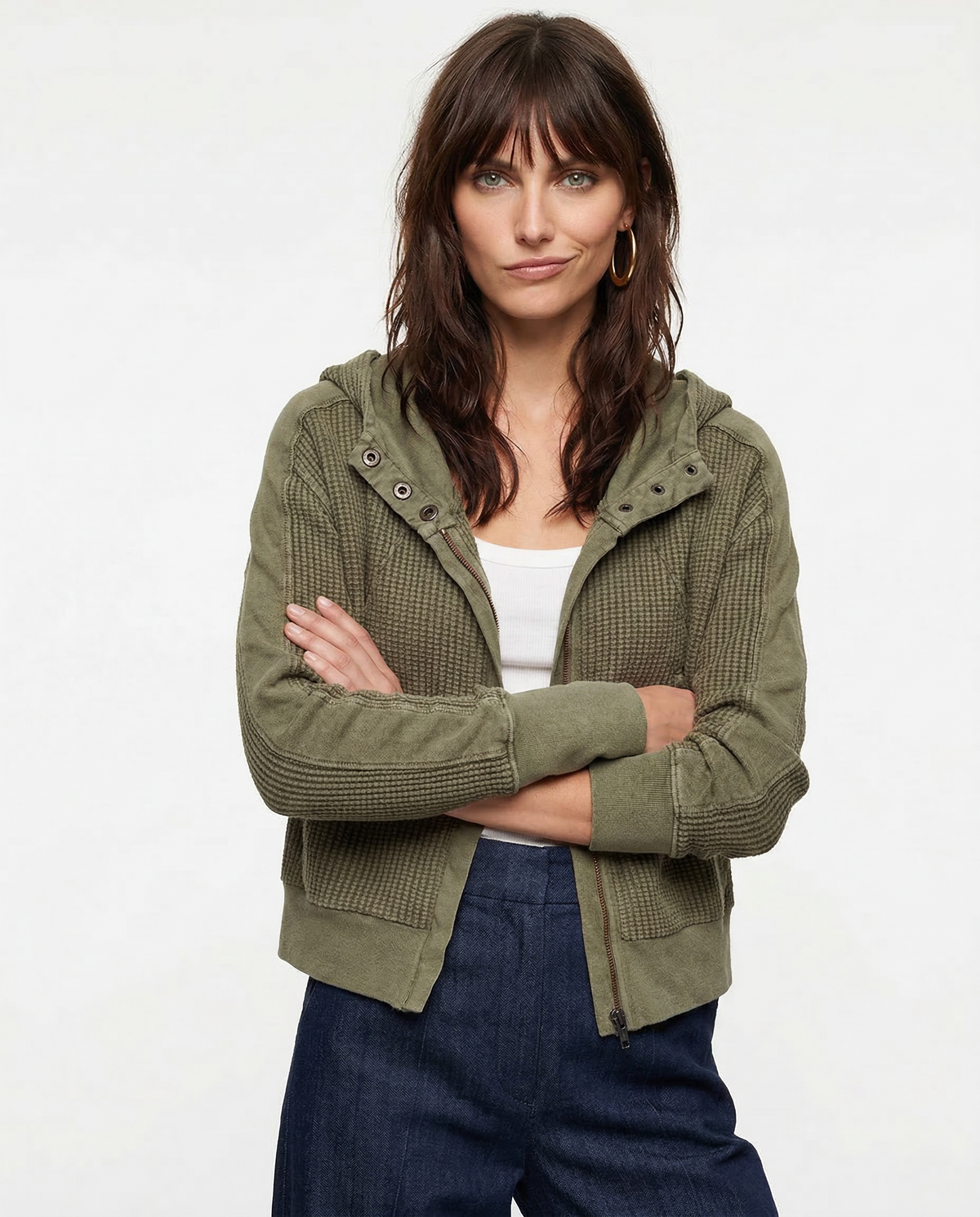 Christina Womens Cropped Zip Hoodie in Waffle Cotton