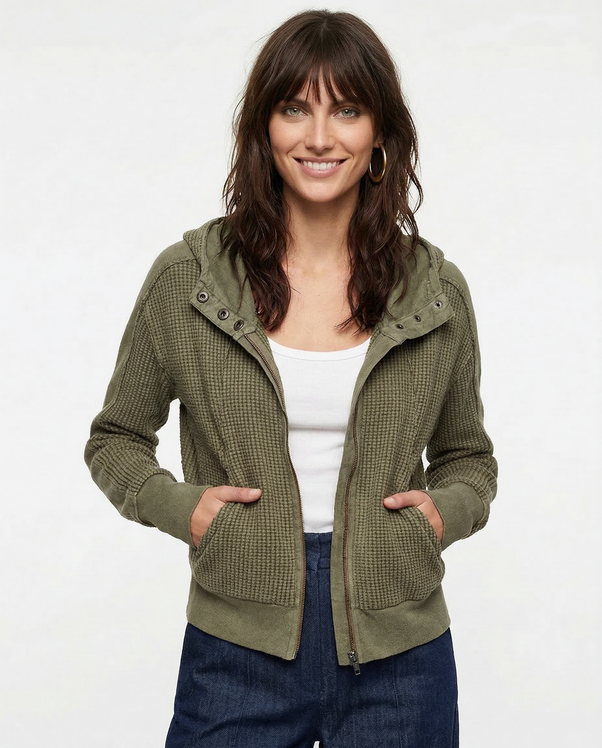 Christina Womens Cropped Zip Hoodie in Waffle Cotton