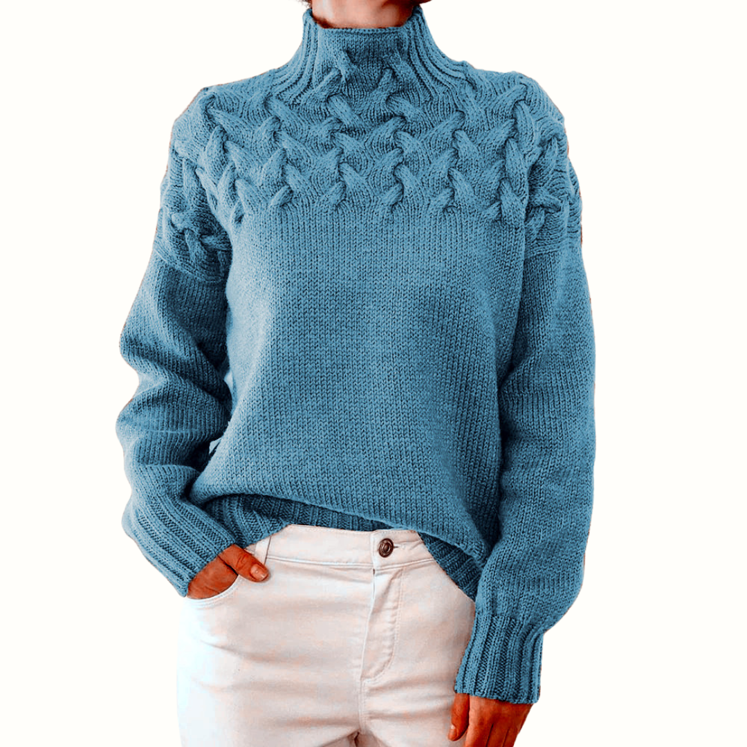 Cressida | Women's Cable Knit Turtleneck Sweater — Textured Yoke Pullover in 14 Colors | Westmere