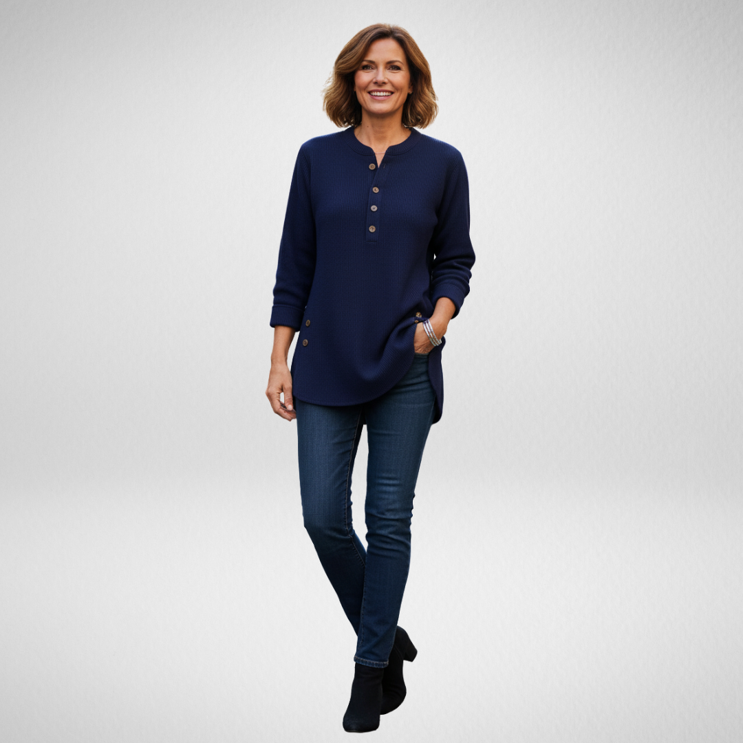 Cressida | Women's Relaxed Fit Henley Tunic Sweater — Button Placket Pullover with Curved Hem | Westmere