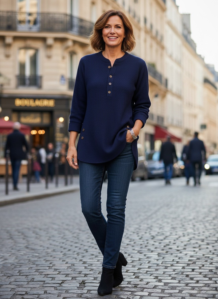 Cressida | Women's Relaxed Fit Henley Tunic Sweater — Button Placket Pullover with Curved Hem | Westmere