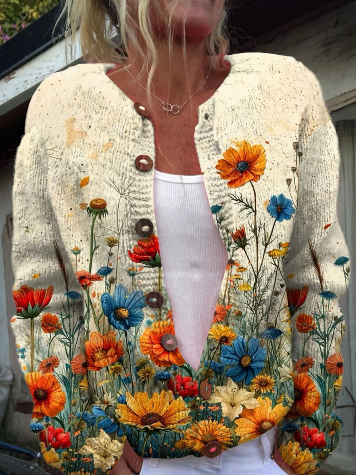 Dawnara | Women's Floral Print Open Front Cardigan Sweater — Wildflower Button Knit Layer | Westmere