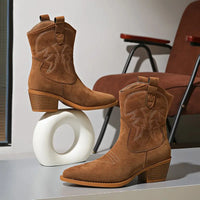 Elizabeth | Womens Embroidered Western Boots with Sturdy Block Heel | Leather, Cowboy Details | Brown EU 36-40