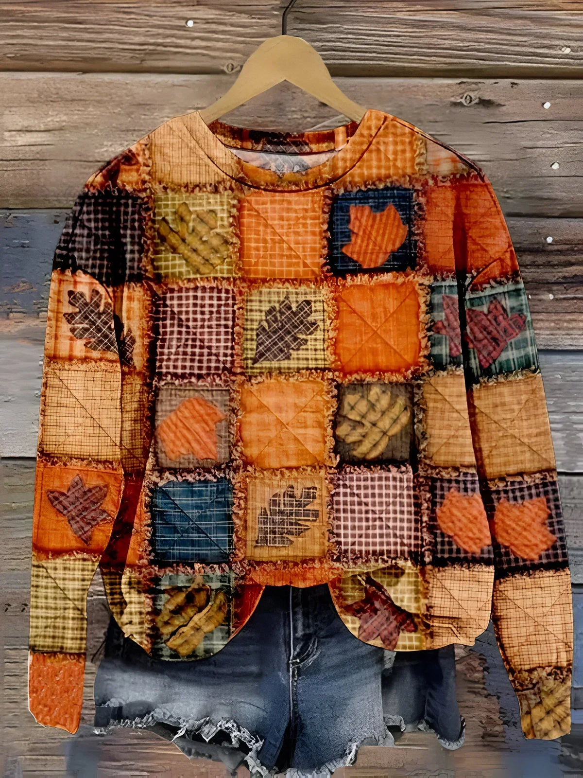 Delvara | Women's Autumn Patchwork Print Sweater — Harvest Quilt Long-Sleeve Crew Neck Pullover | Westmere