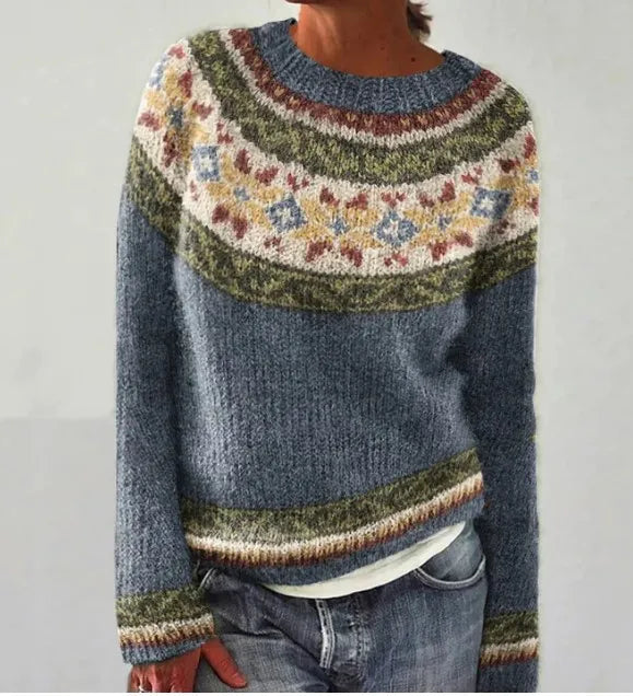 Delvina | Women's Fair Isle Colorblock Knit Sweater — Boat Neck Pullover with Yoke Stripe | Westmere