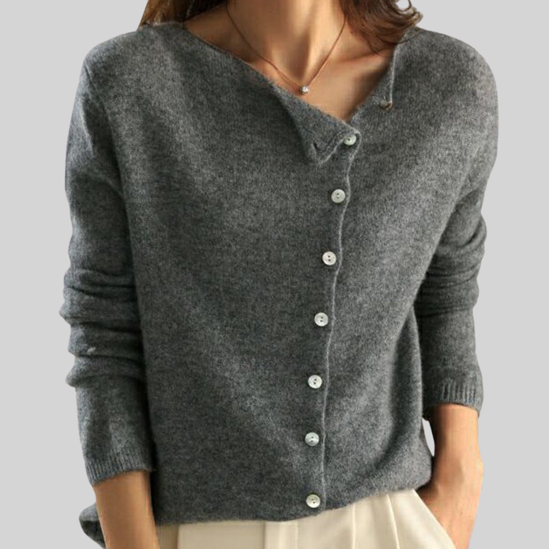 Delvyn | Women's Button-Front Cardigan Sweater — Asymmetric Neckline Knit with Pearl Buttons | Westmere