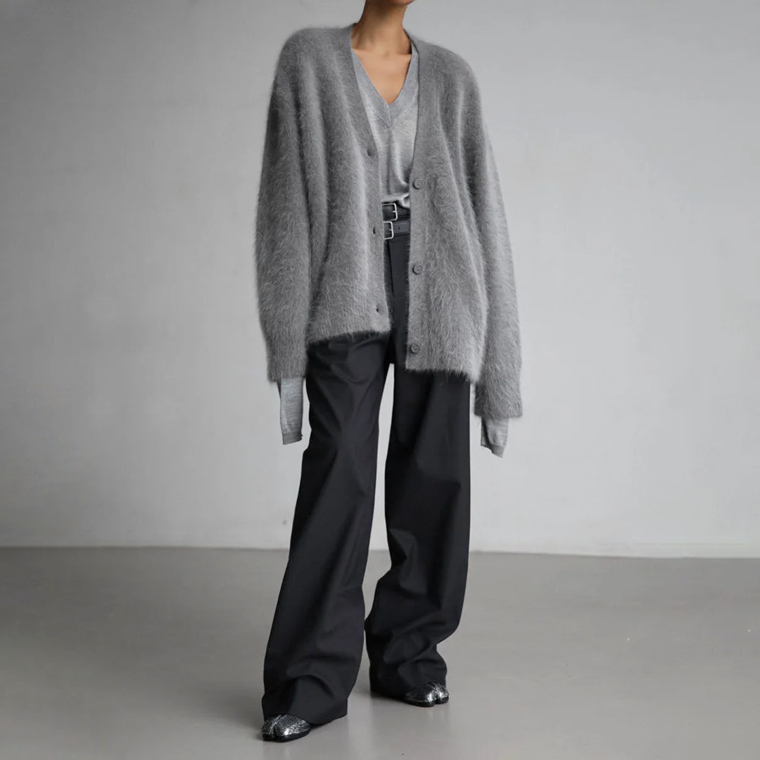 Delwyn | Women's Oversized Fuzzy Button-Front Cardigan — Plush V-Neck Knit Layer in 4 Colors | Westmere