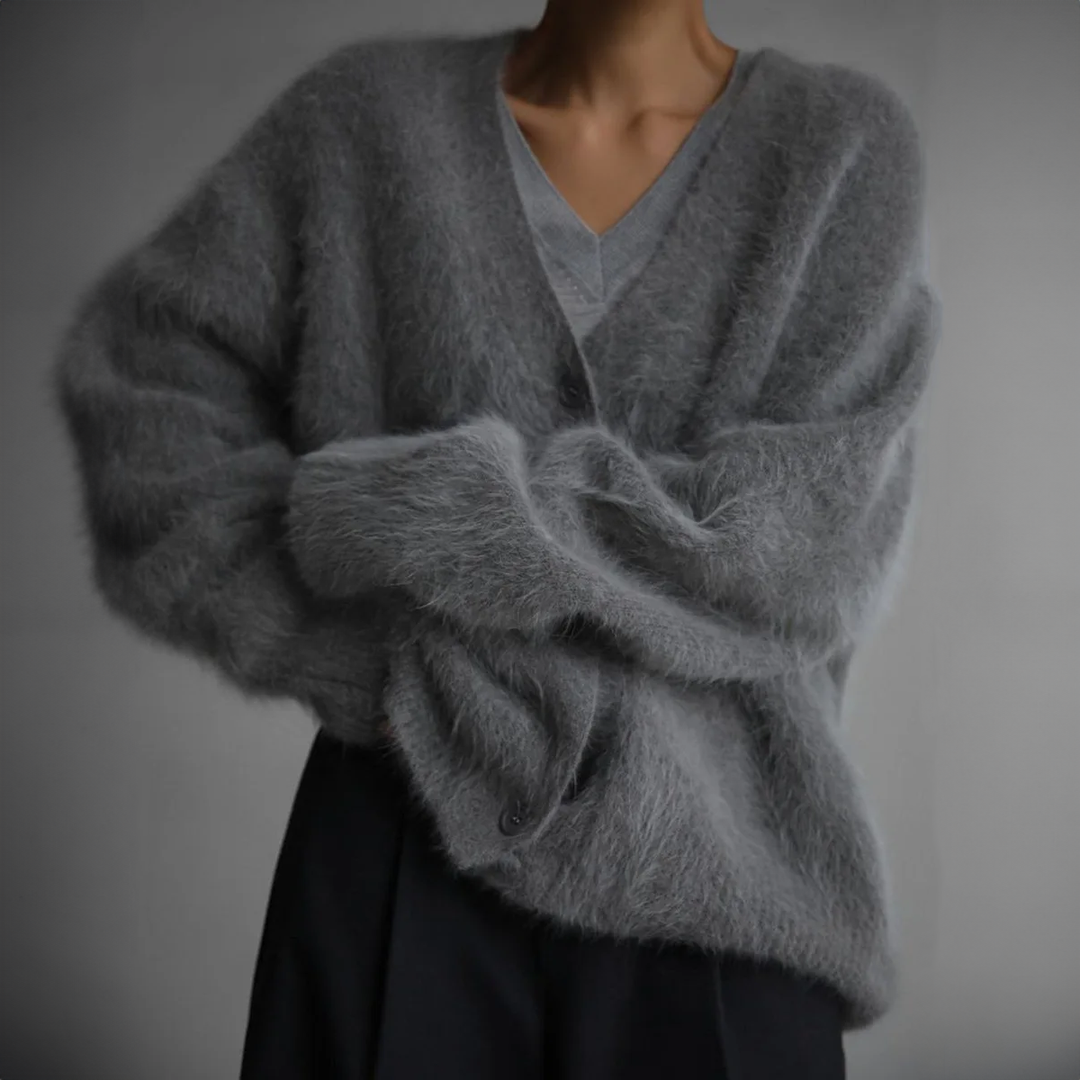 Delwyn | Women's Oversized Fuzzy Button-Front Cardigan — Plush V-Neck Knit Layer in 4 Colors | Westmere