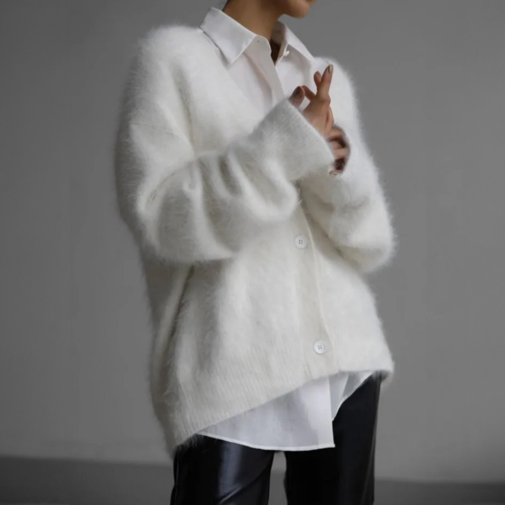 Delwyn | Women's Oversized Fuzzy Button-Front Cardigan — Plush V-Neck Knit Layer in 4 Colors | Westmere
