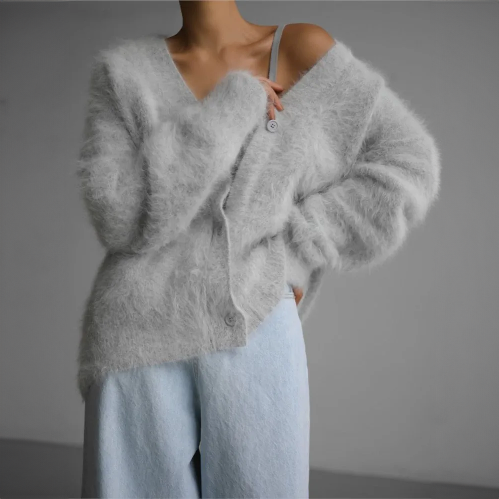 Delwyn | Women's Oversized Fuzzy Button-Front Cardigan — Plush V-Neck Knit Layer in 4 Colors | Westmere