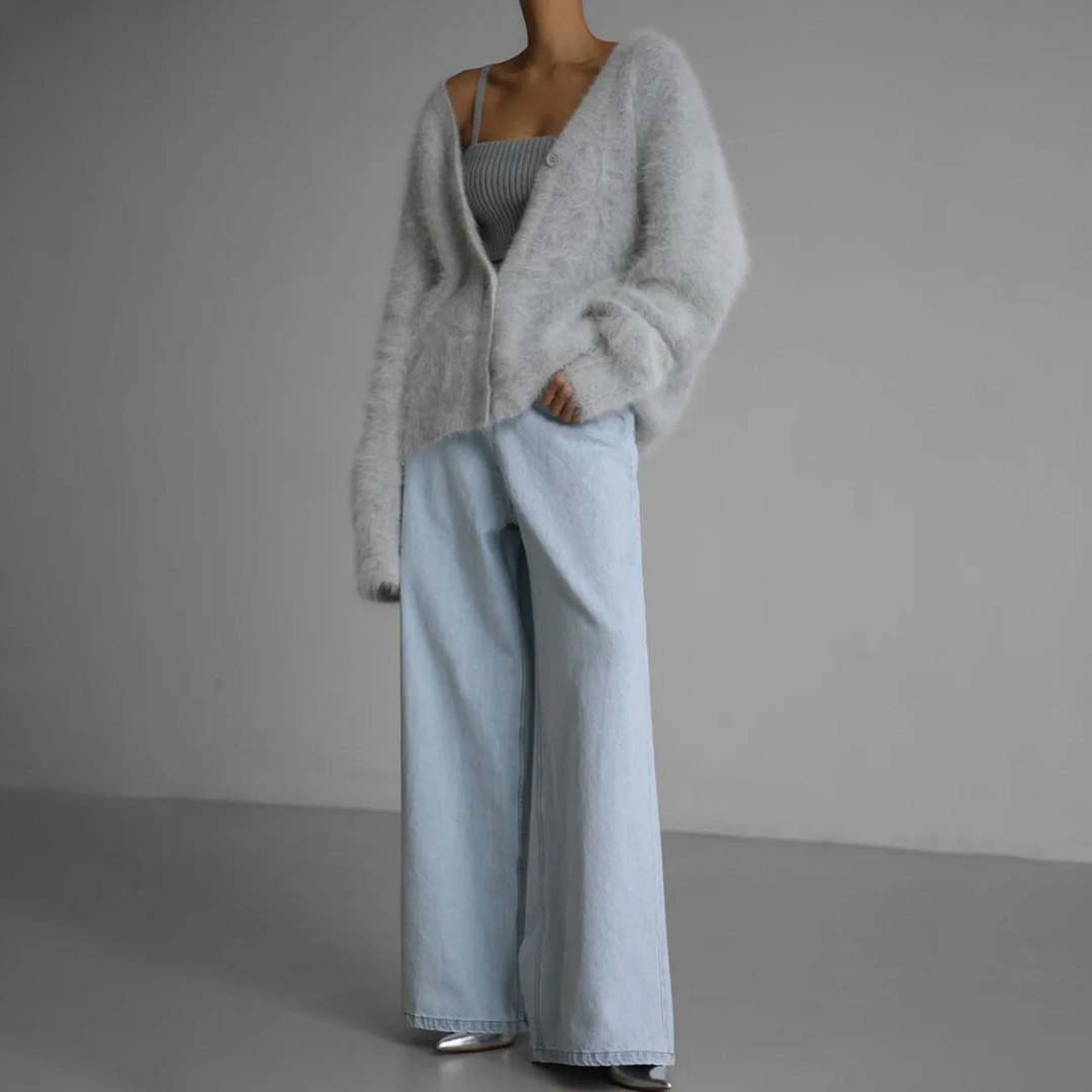 Delwyn | Women's Oversized Fuzzy Button-Front Cardigan — Plush V-Neck Knit Layer in 4 Colors | Westmere