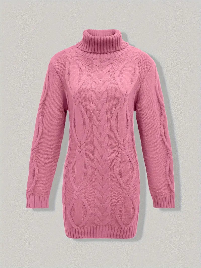 Women's Chunky Cable-Knit Turtleneck Sweater | Oversized Hip-Length Fit, Long Sleeves | 8 Colorways | One Size