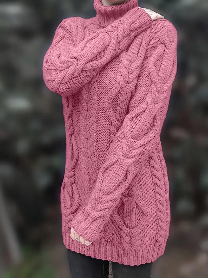 Women's Chunky Cable-Knit Turtleneck Sweater | Oversized Hip-Length Fit, Long Sleeves | 8 Colorways | One Size
