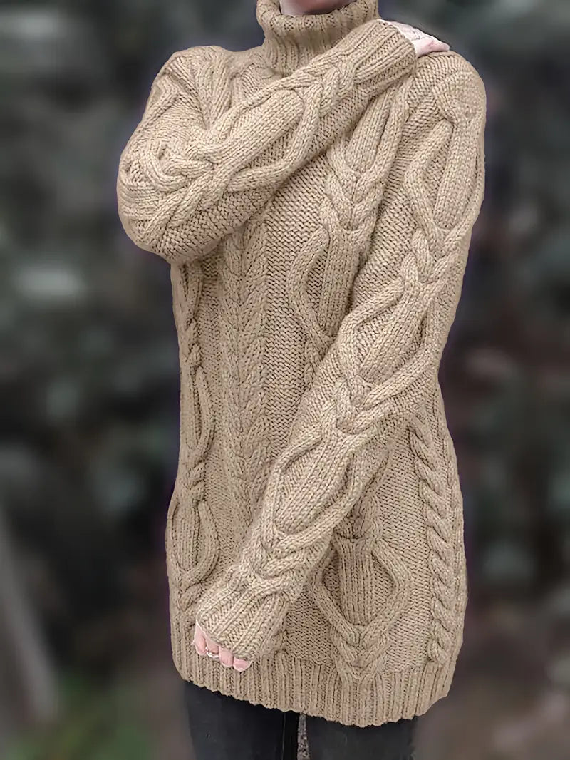 Women's Chunky Cable-Knit Turtleneck Sweater | Oversized Hip-Length Fit, Long Sleeves | 8 Colorways | One Size