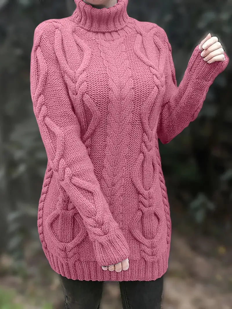 Women's Chunky Cable-Knit Turtleneck Sweater | Oversized Hip-Length Fit, Long Sleeves | 8 Colorways | One Size