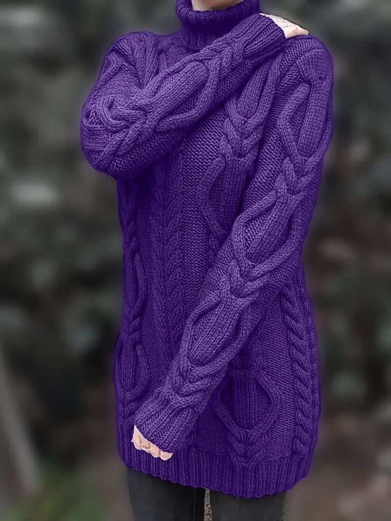 Women's Chunky Cable-Knit Turtleneck Sweater | Oversized Hip-Length Fit, Long Sleeves | 8 Colorways | One Size