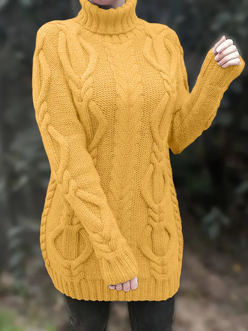 Women's Chunky Cable-Knit Turtleneck Sweater | Oversized Hip-Length Fit, Long Sleeves | 8 Colorways | One Size