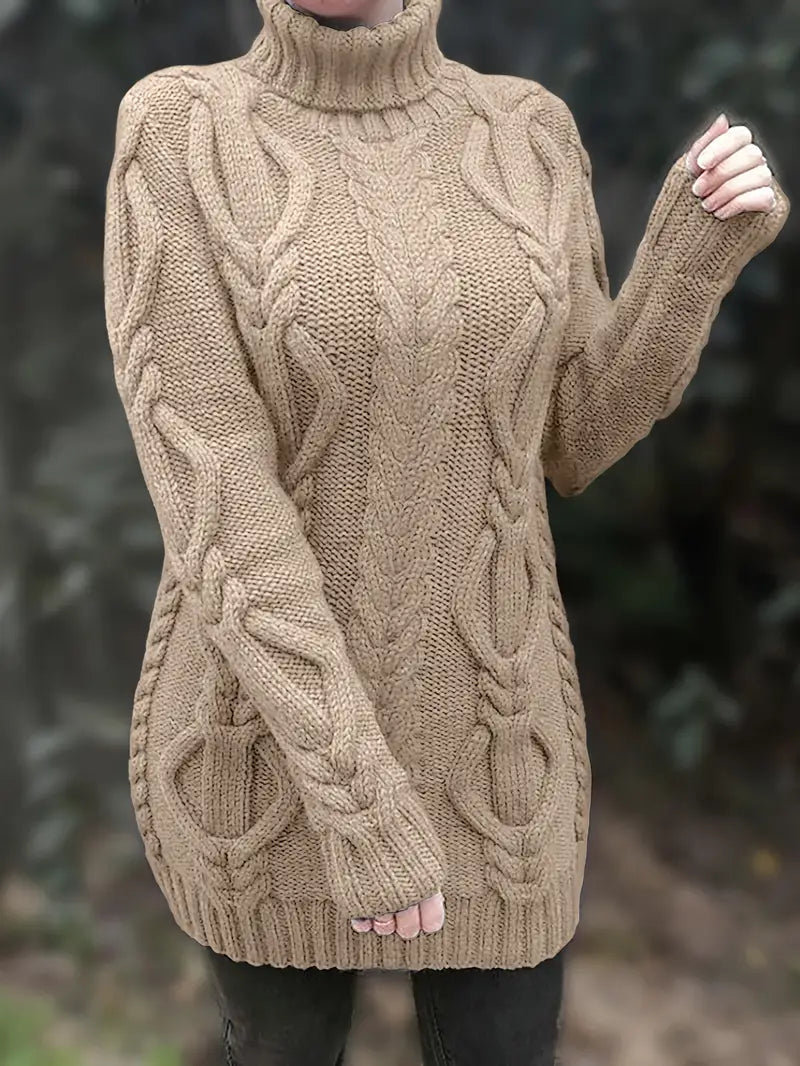 Women's Chunky Cable-Knit Turtleneck Sweater | Oversized Hip-Length Fit, Long Sleeves | 8 Colorways | One Size