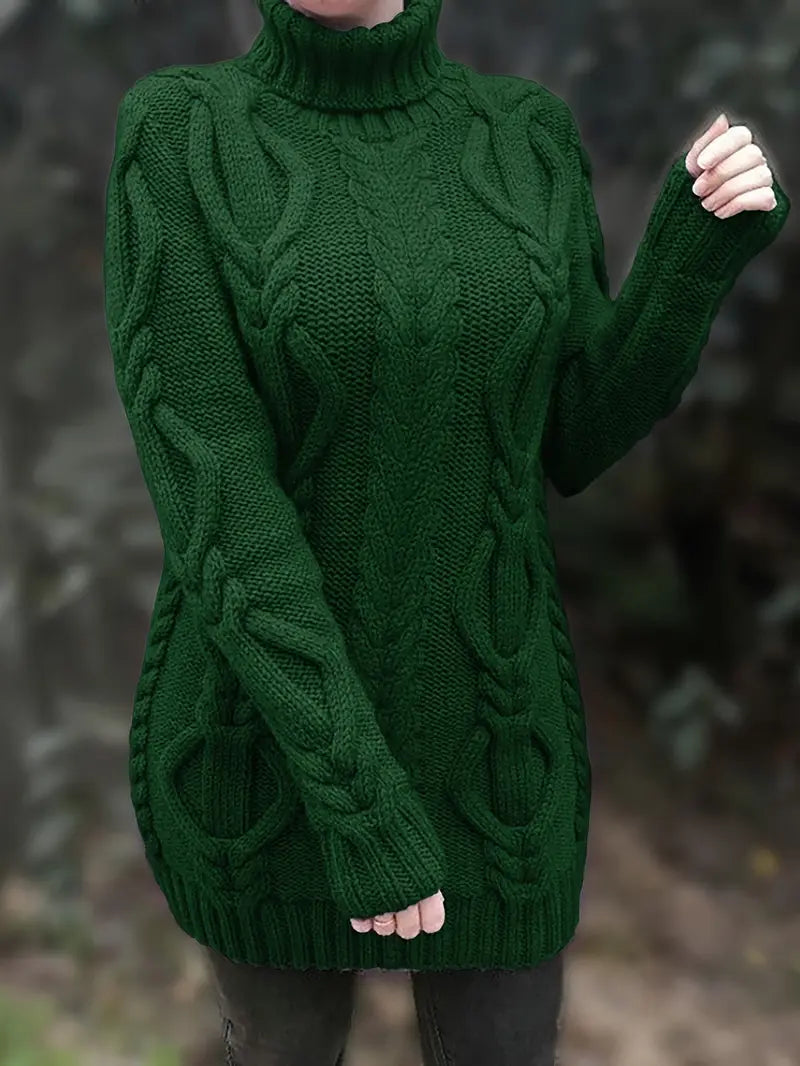 Women's Chunky Cable-Knit Turtleneck Sweater | Oversized Hip-Length Fit, Long Sleeves | 8 Colorways | One Size