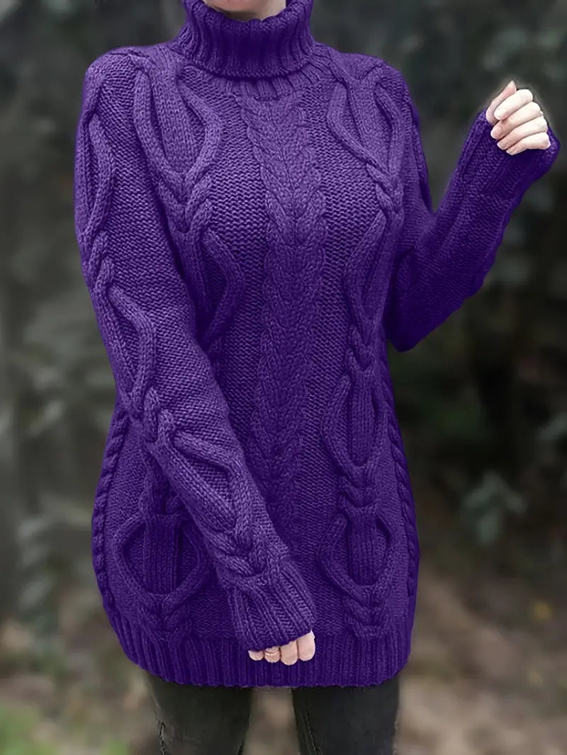 Women's Chunky Cable-Knit Turtleneck Sweater | Oversized Hip-Length Fit, Long Sleeves | 8 Colorways | One Size