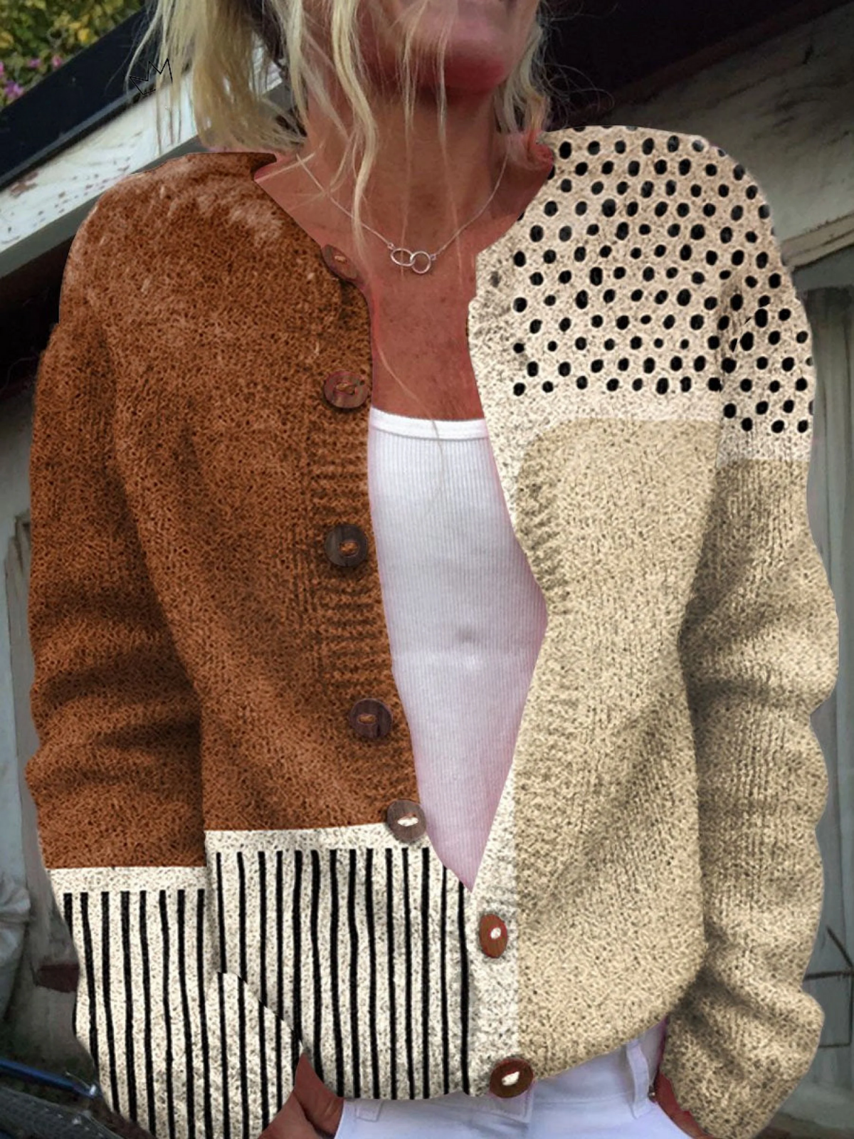 Doralie | Women's Patchwork Cardigan Sweater — Mixed-Panel Button-Front Layer in Caramel & Cream | Westmere